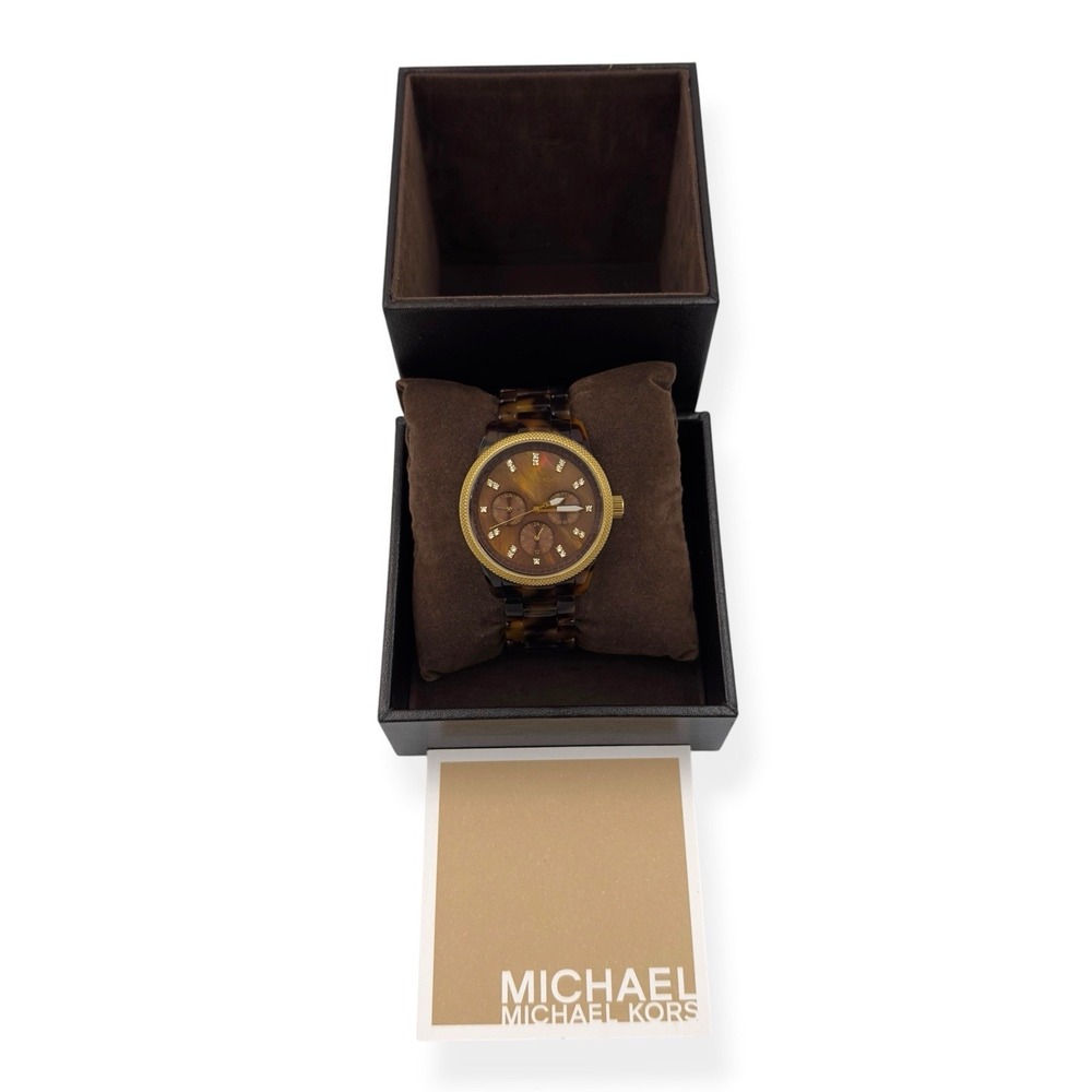 Michael Kors Round Chronograph Jet Set Ritz Watch Tortoise Tone Bracelet MK 5038